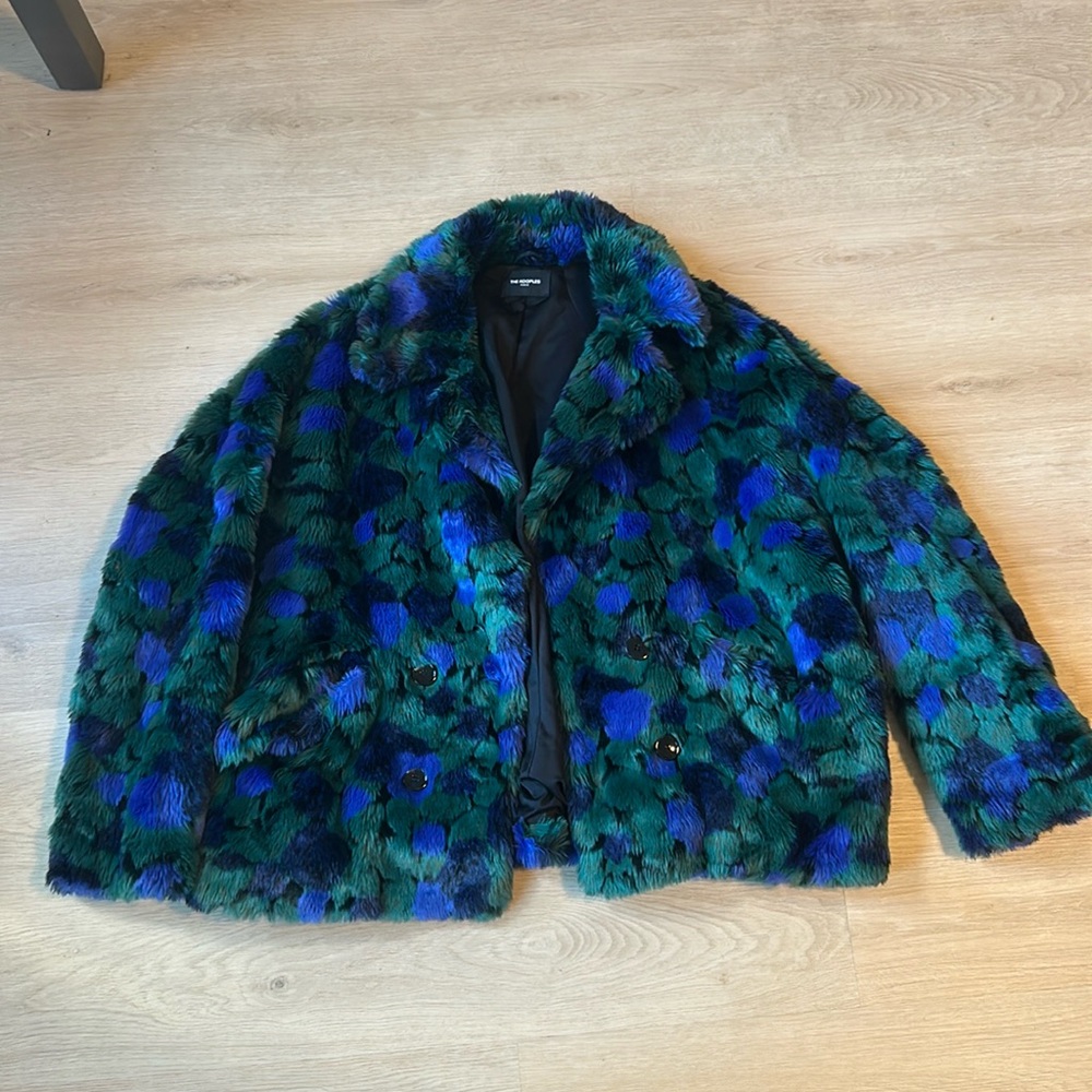FAB Kooples Peacock Green Blue Faux Fur Coat